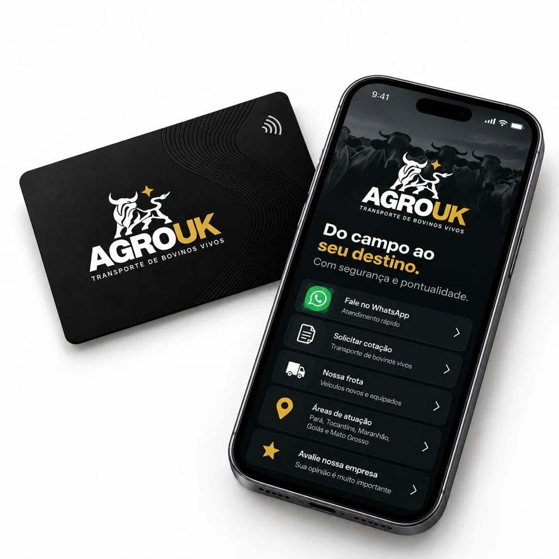 Demonstração do cartão AgroUK e seu perfil digital com informações e canais de contato